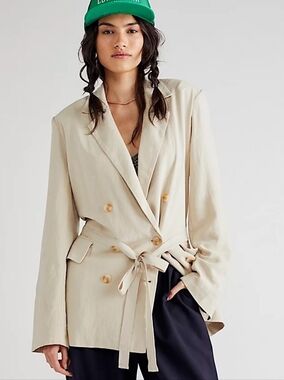 Free People Women's Cream Double-Breasted Lightweight Trench Linen Duster Jacket